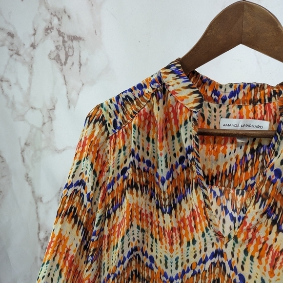 Amanda Uprichard Top Womens Small Orange Silk Chevron Popover Quarter Sleeve - Picture 2 of 10